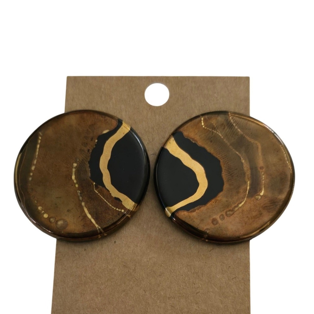 Vintage 80s Large Round Abstract Artisan Stud Earrings Metallic Marble Statement